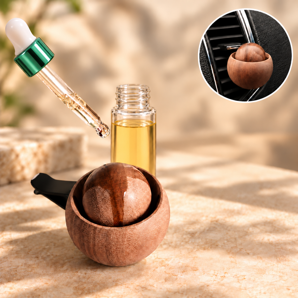 Natural Black Walnut Wooden Car Vent Diffuser & 3 ML Fragrance Oil Set