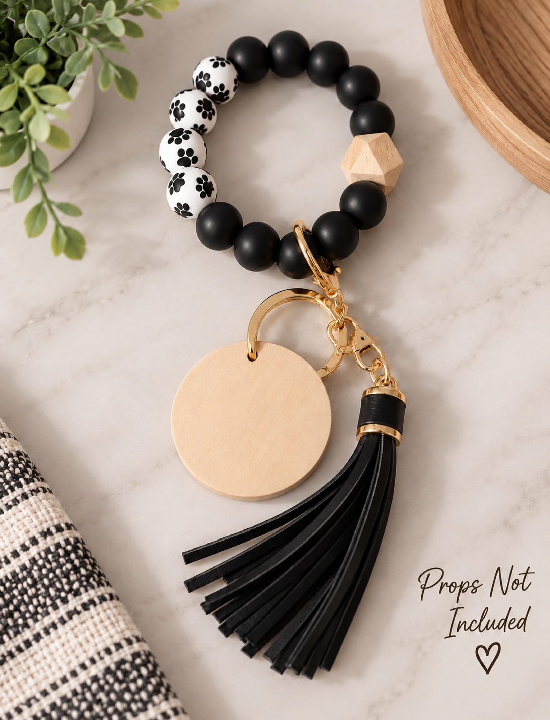 Black Paw Print Beaded Wristlet Keychain – Wood Disc & Tassel