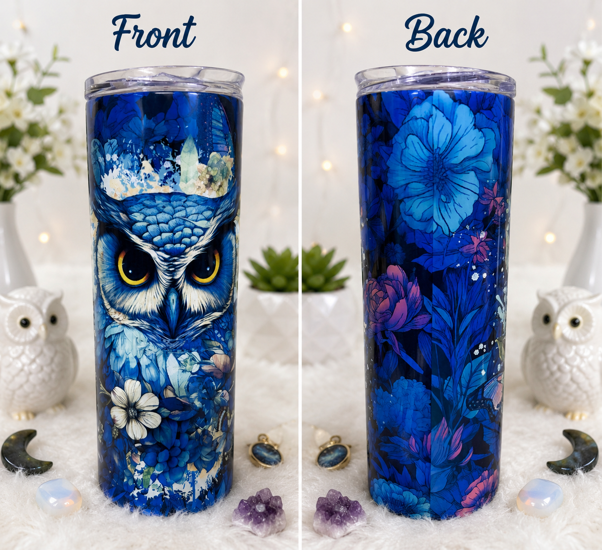 Midnight Blue Floral Owl 20 oz Sublimation Tumbler