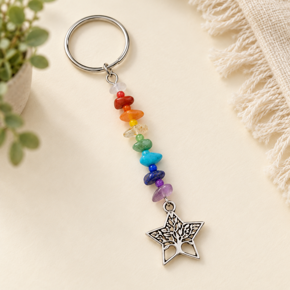 Rainbow Natural Gemstone Tree of Life Keychain