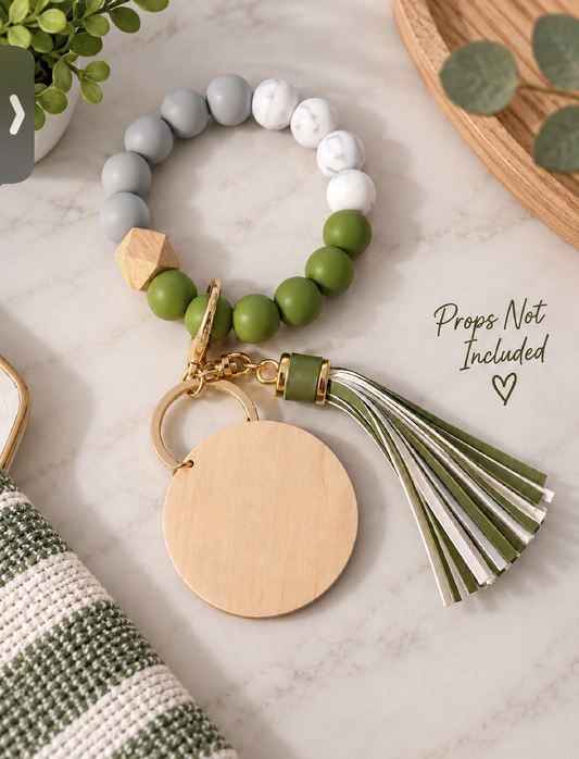 Hunter Green, Cream & Gray Beaded Wristlet Keychain with Tassel
