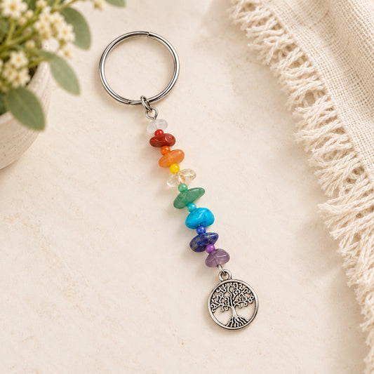 Rainbow Natural Gemstone Tree of Life Keychain