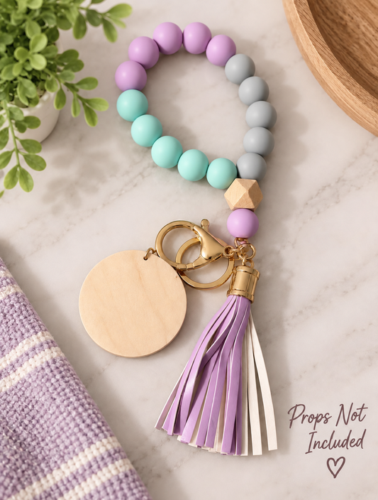 Lilac, Aqua & Gray Beaded Wristlet Keychain with Tassel