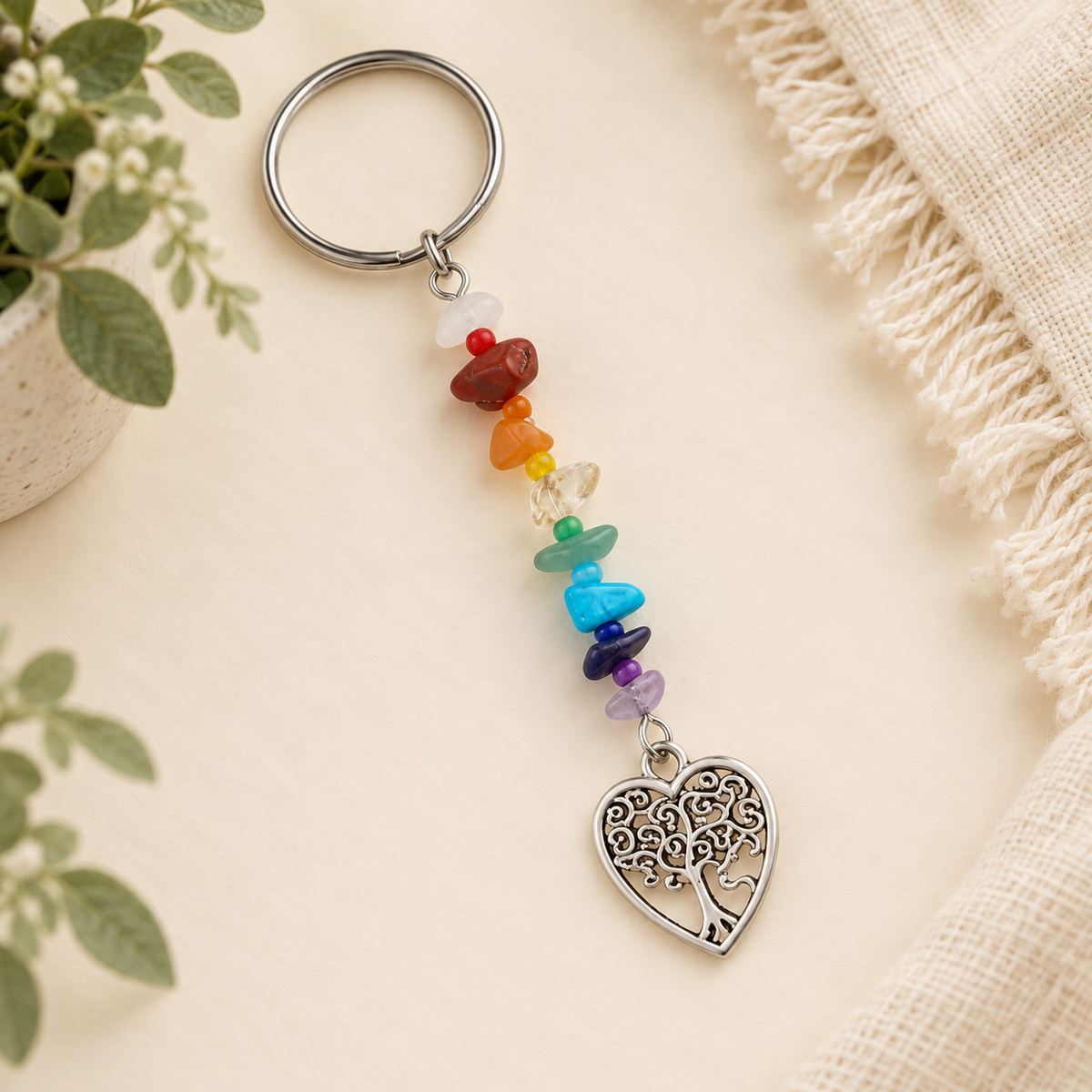 Rainbow Natural Gemstone Tree of Life Keychain