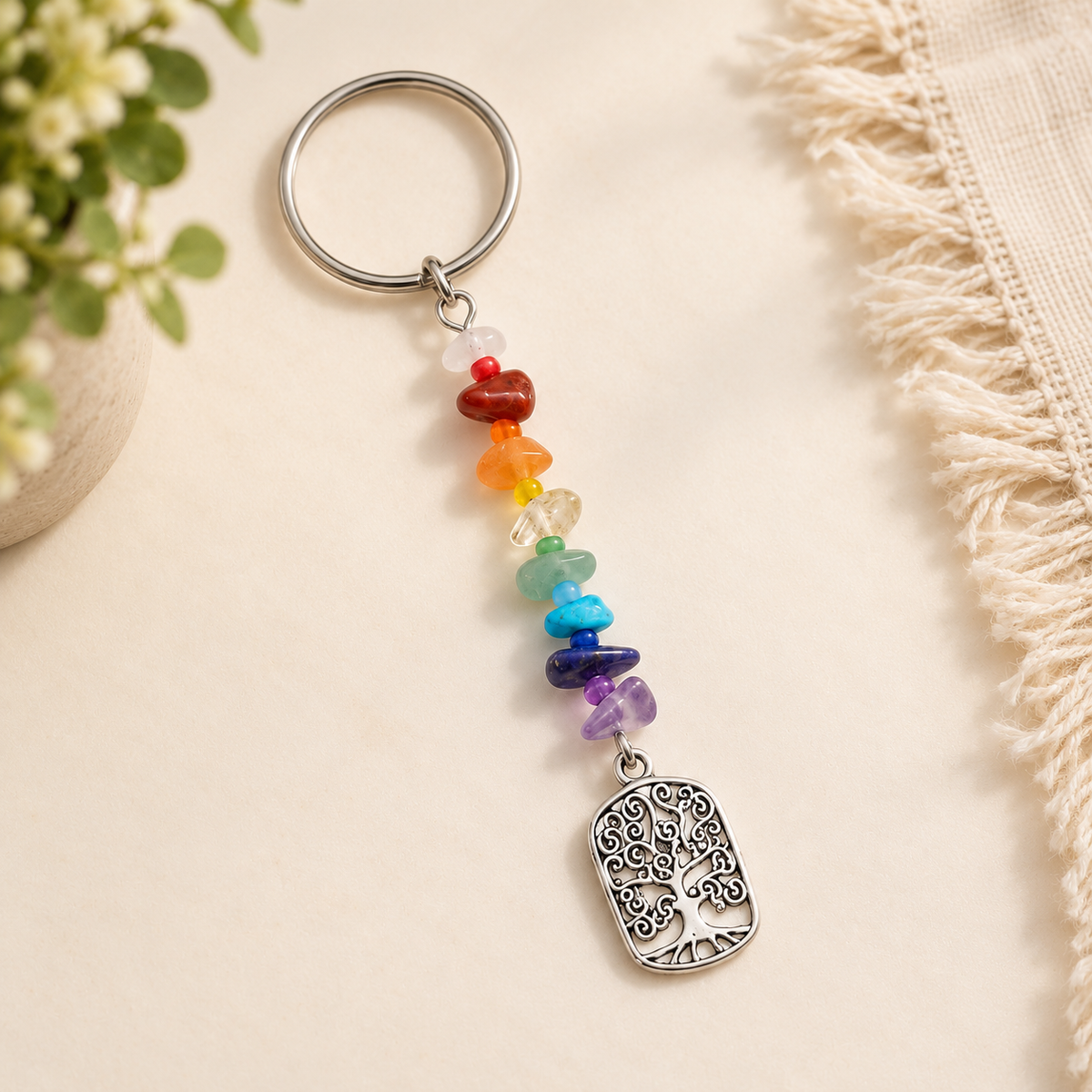 Rainbow Natural Gemstone Tree of Life Keychain