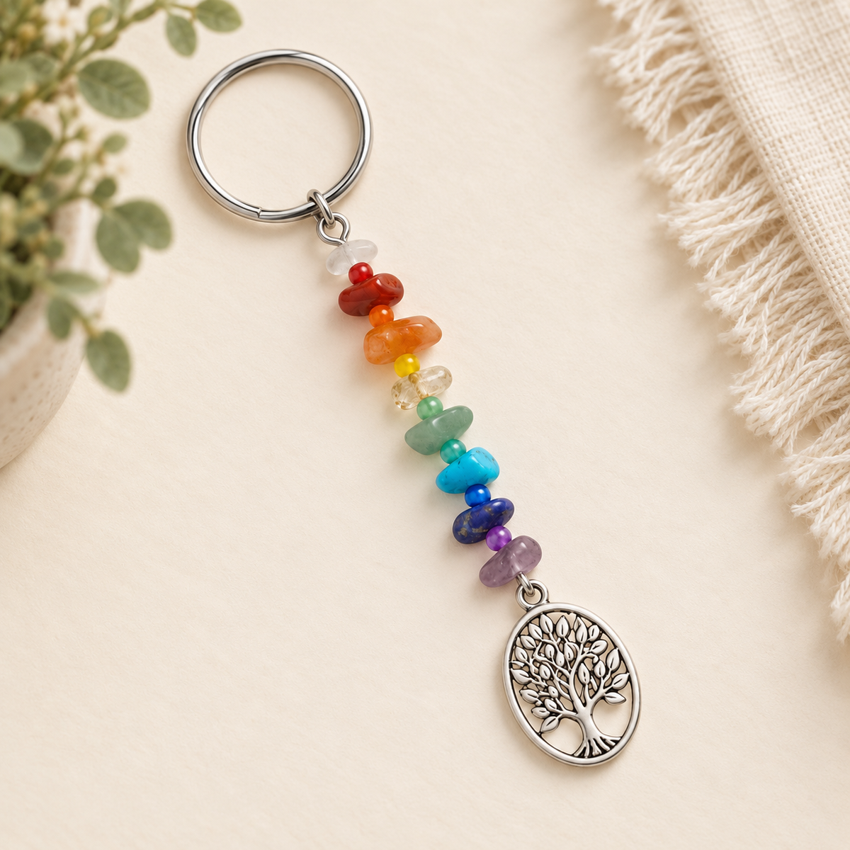 Rainbow Natural Gemstone Tree of Life Keychain
