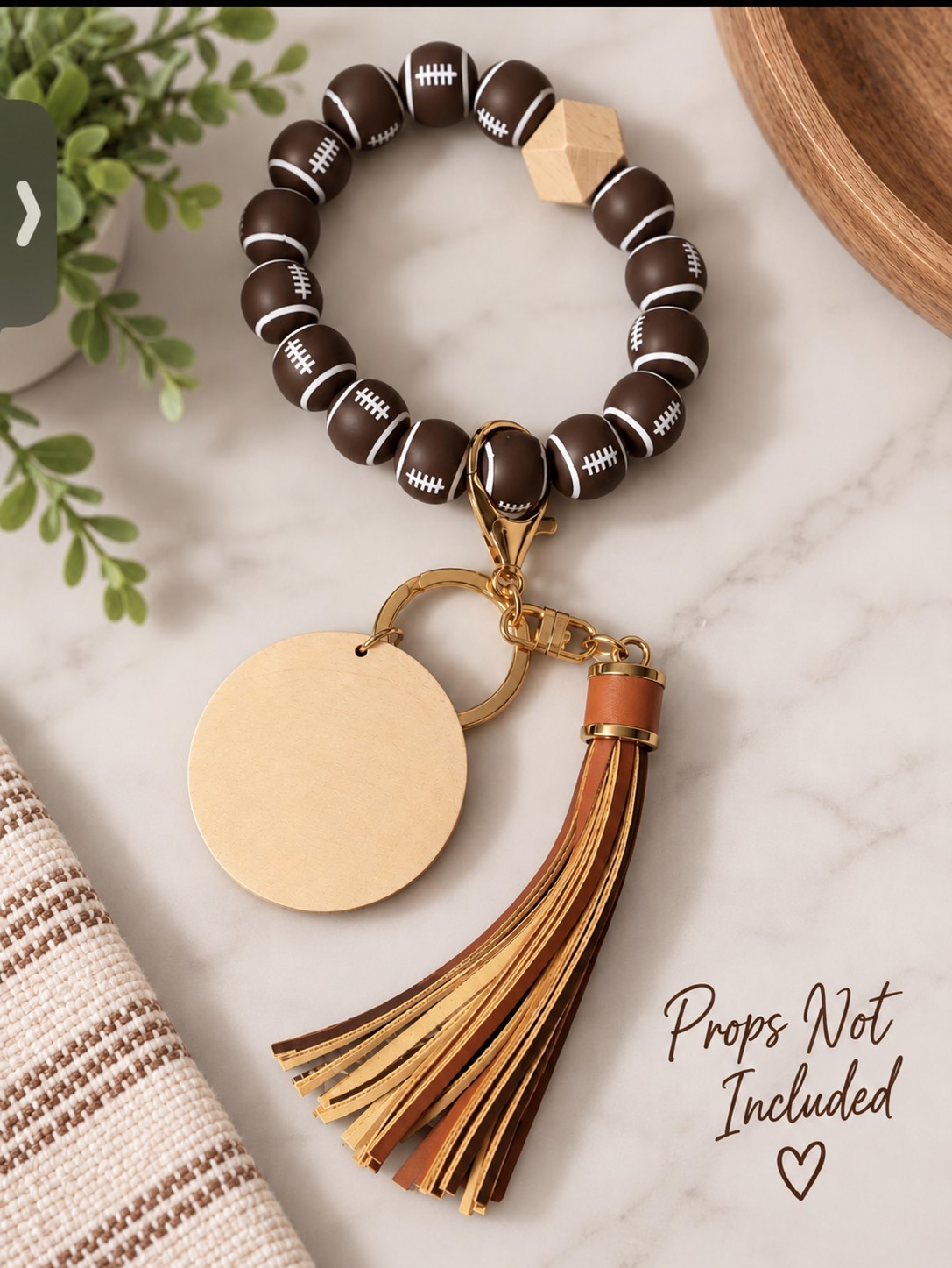 Football Beaded Wristlet Keychain with Wood Disc & Tassel