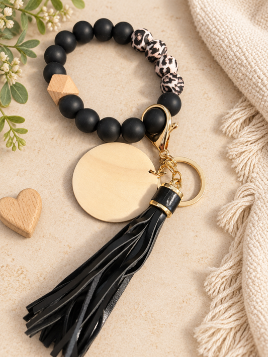 Midnight Leopard Beaded Wristlet Keychain