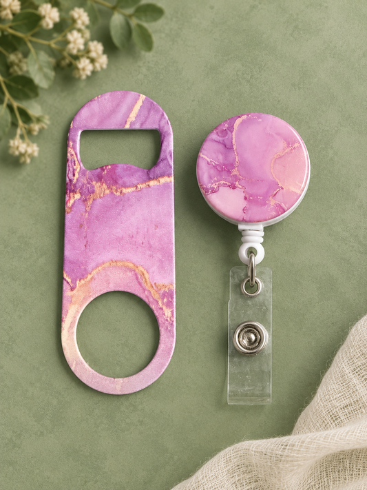 Pink Marble Badge Reel & Bottle Opener Set