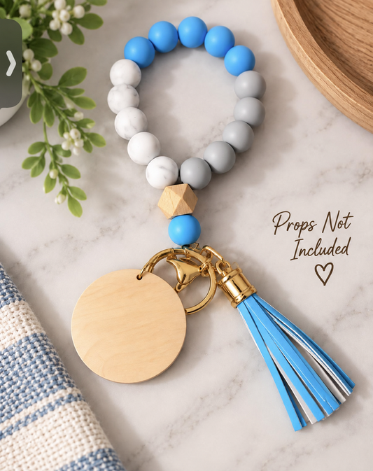 Blue, White & Gray Beaded Wristlet Keychain with Tassel