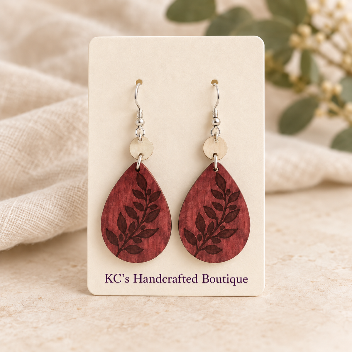 Rustic Floral & Leaf Wooden Dangle Earrings