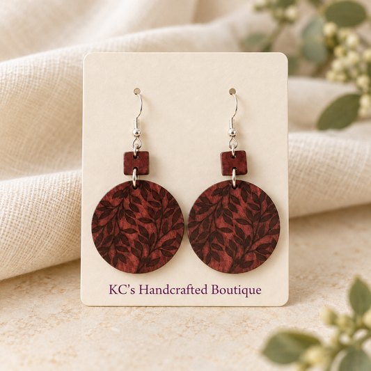 Rustic Floral & Leaf Wooden Dangle Earrings
