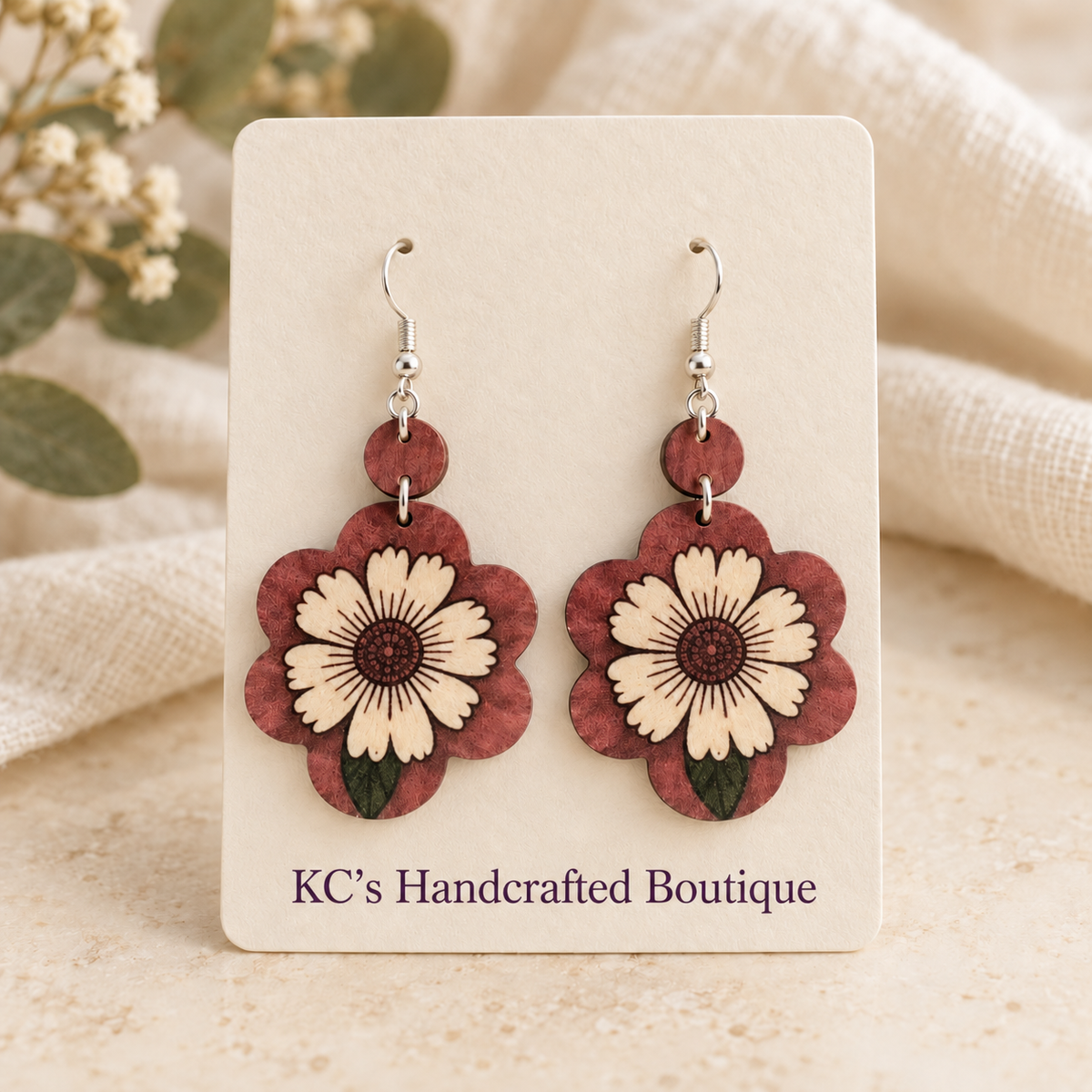 Rustic Floral & Leaf Wooden Dangle Earrings