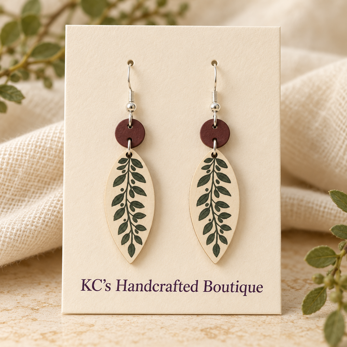 Light Wood Floral & Leaf Dangle Earrings