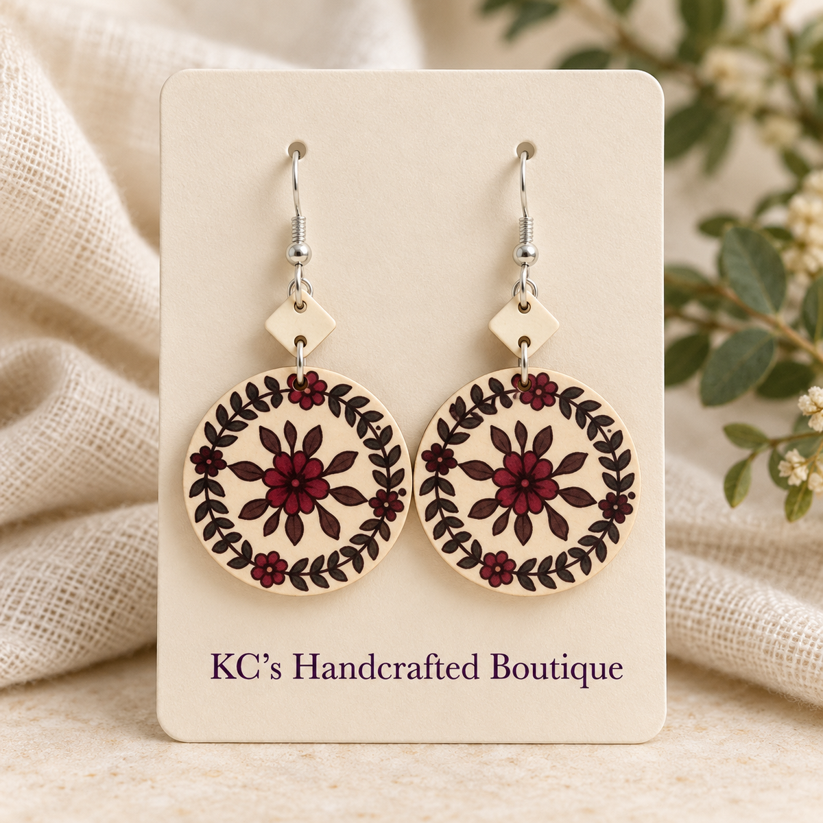 Light Wood Floral & Leaf Dangle Earrings