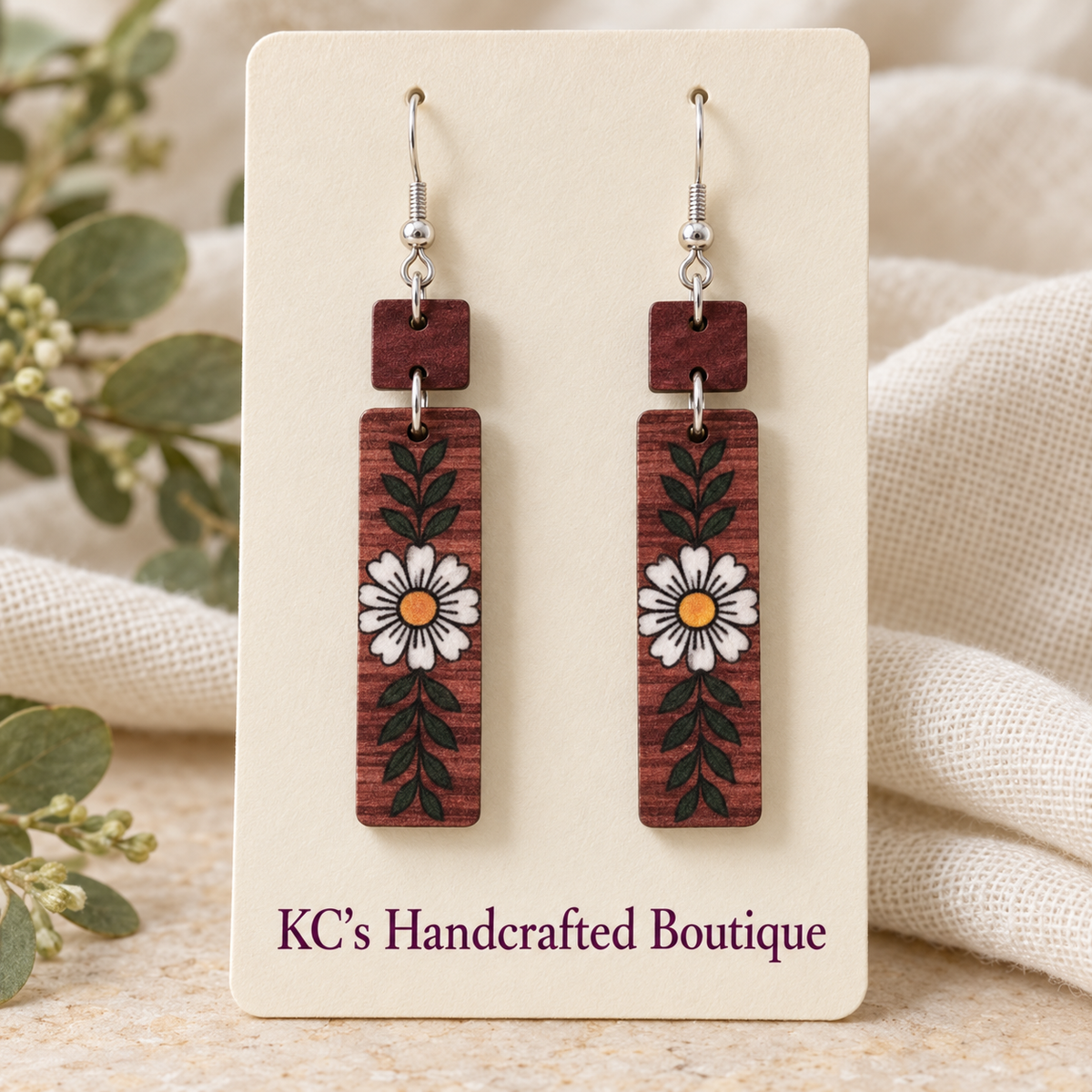 Rustic Floral & Leaf Wooden Dangle Earrings
